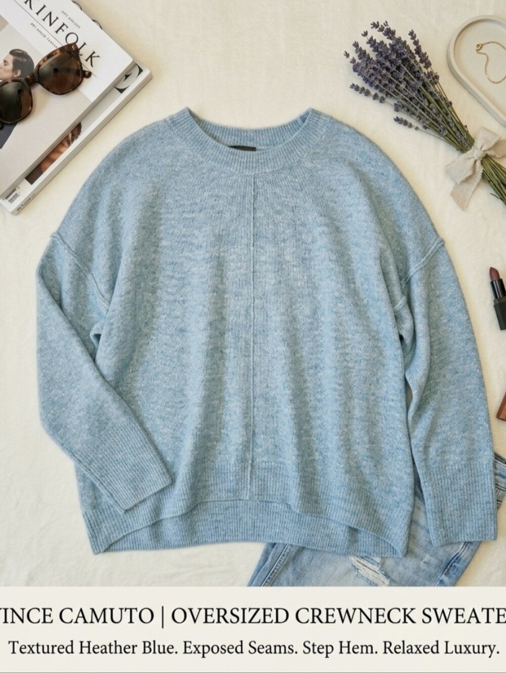 Vince Camuto Oversized Knit Crew Neck Center Seam Pullover Sweater Ice Blue M